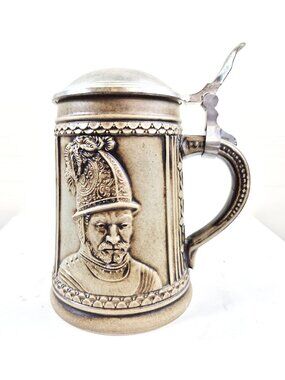 Vintage German Stoneware Beer Stein Peweter Lid Soldier Pickelhaube Relief DBGM